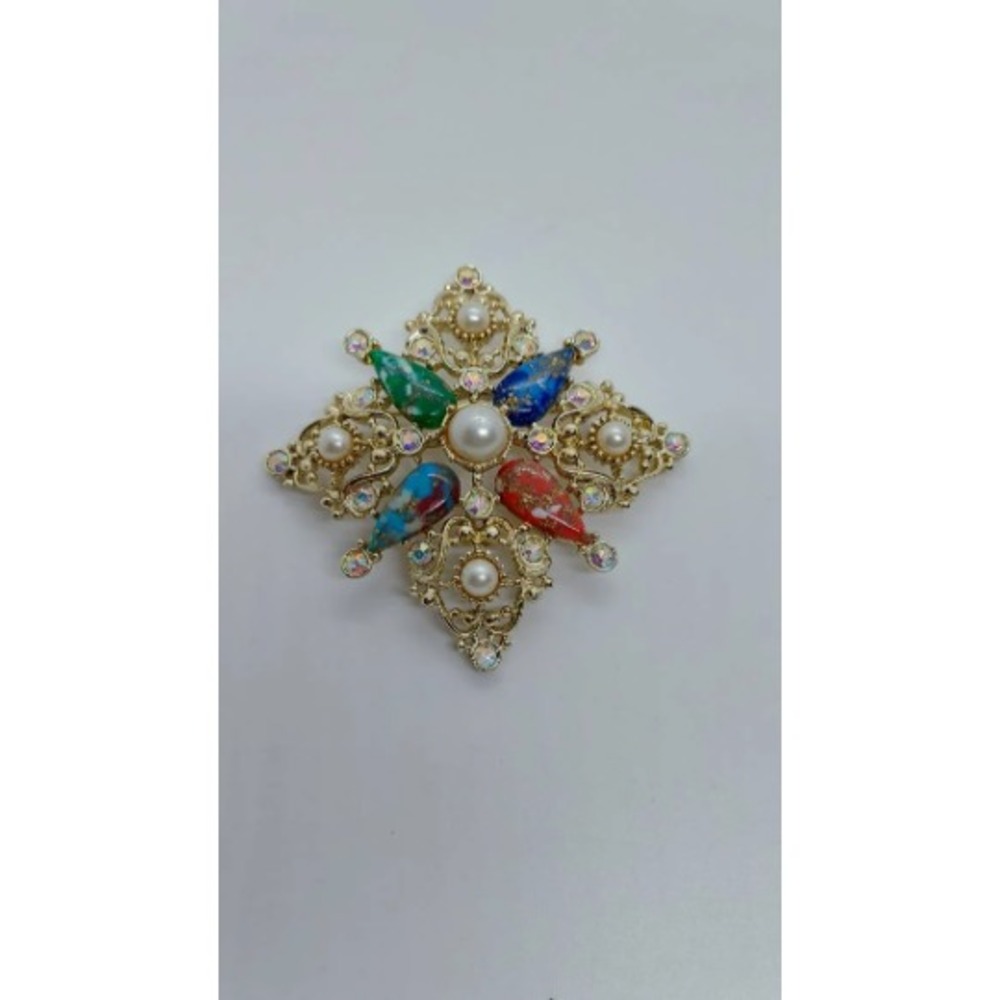 Sarah Coventry Galaxy‎ 1960s Multicolor Enamel Aurora Borealis Faux Pearl Brooch